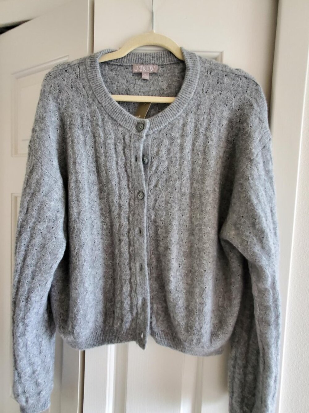 J. Crew Supersoft Pointelle Bubble Hem Cardigan NWT Heather Graphite - Picture 2 of 6